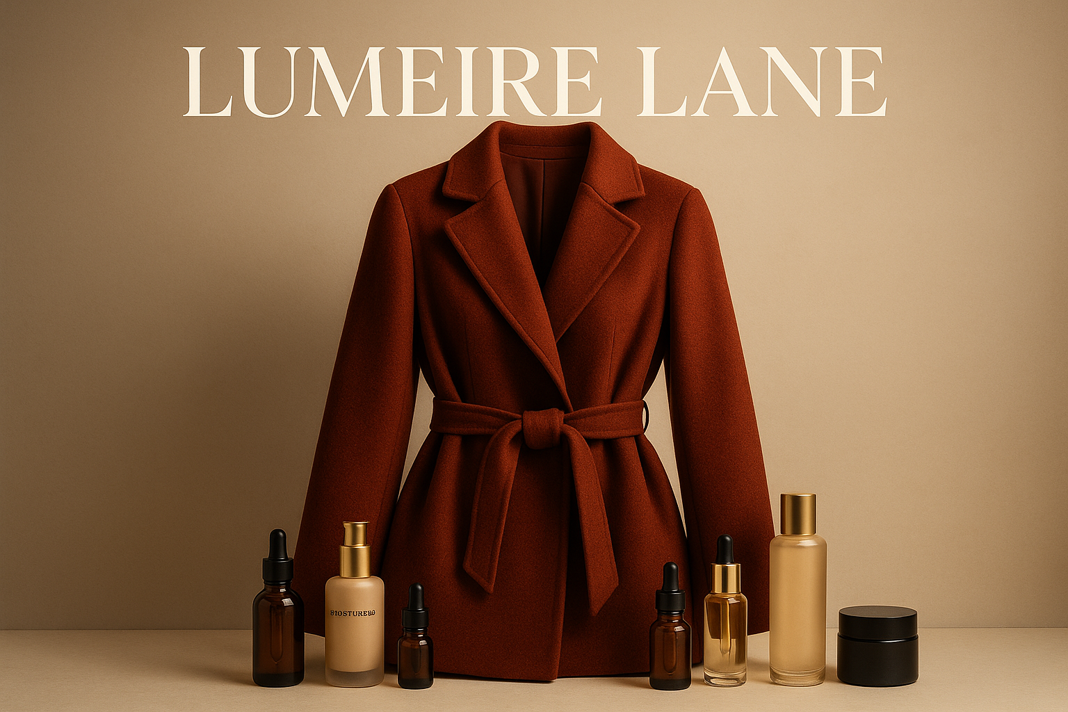 generat a image our store name lumeire lane and add a beauty fashion coat with add some skin care product