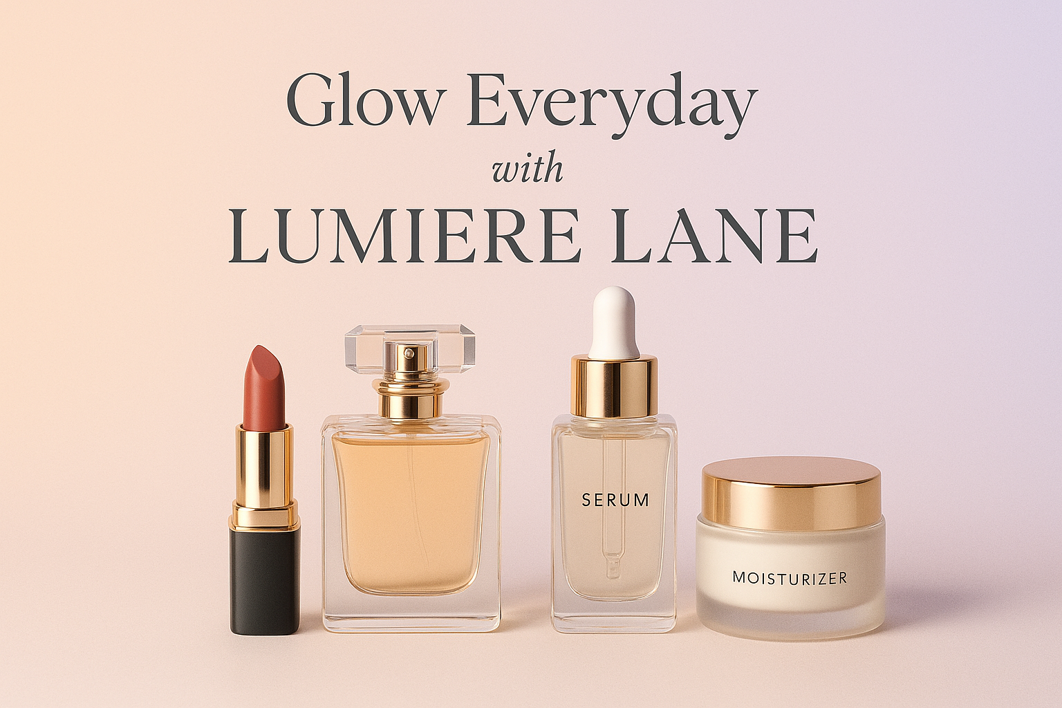 A Collection of luxury beauty products (lipstick, perfume, serum, moisturizer) arranged on a pastel gradient background with elegant typography: ‘Glow Everyday with [LUMIERE LANE]’. Premium, modern, minimalist style.
